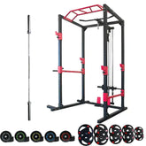 Gym power rack with weight plates and barbell on a white background